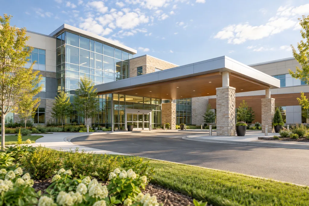 Entrance of a modern hospital building with a covered drop-off area