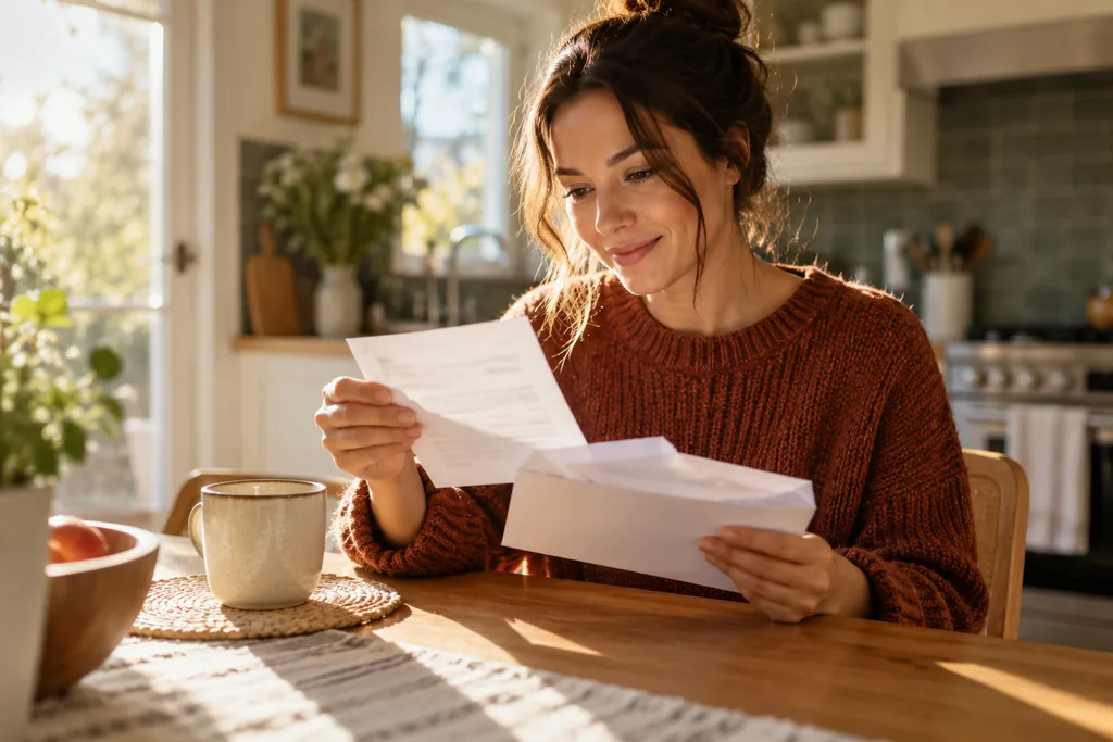 Woman opening a letter from an envelope at her kitchen table
